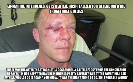 marine intervenes and saves someone from three bullies. severely injured