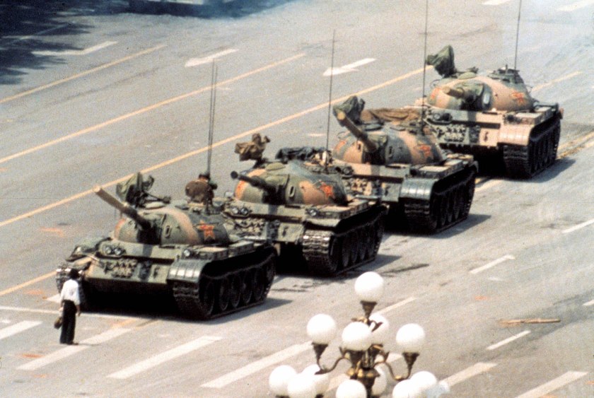 The iconic photo of Tank Man, the unknown rebel who stood in front of a column of Chinese tanks in an act of defiance following the Tiananmen Square protests of 1989.